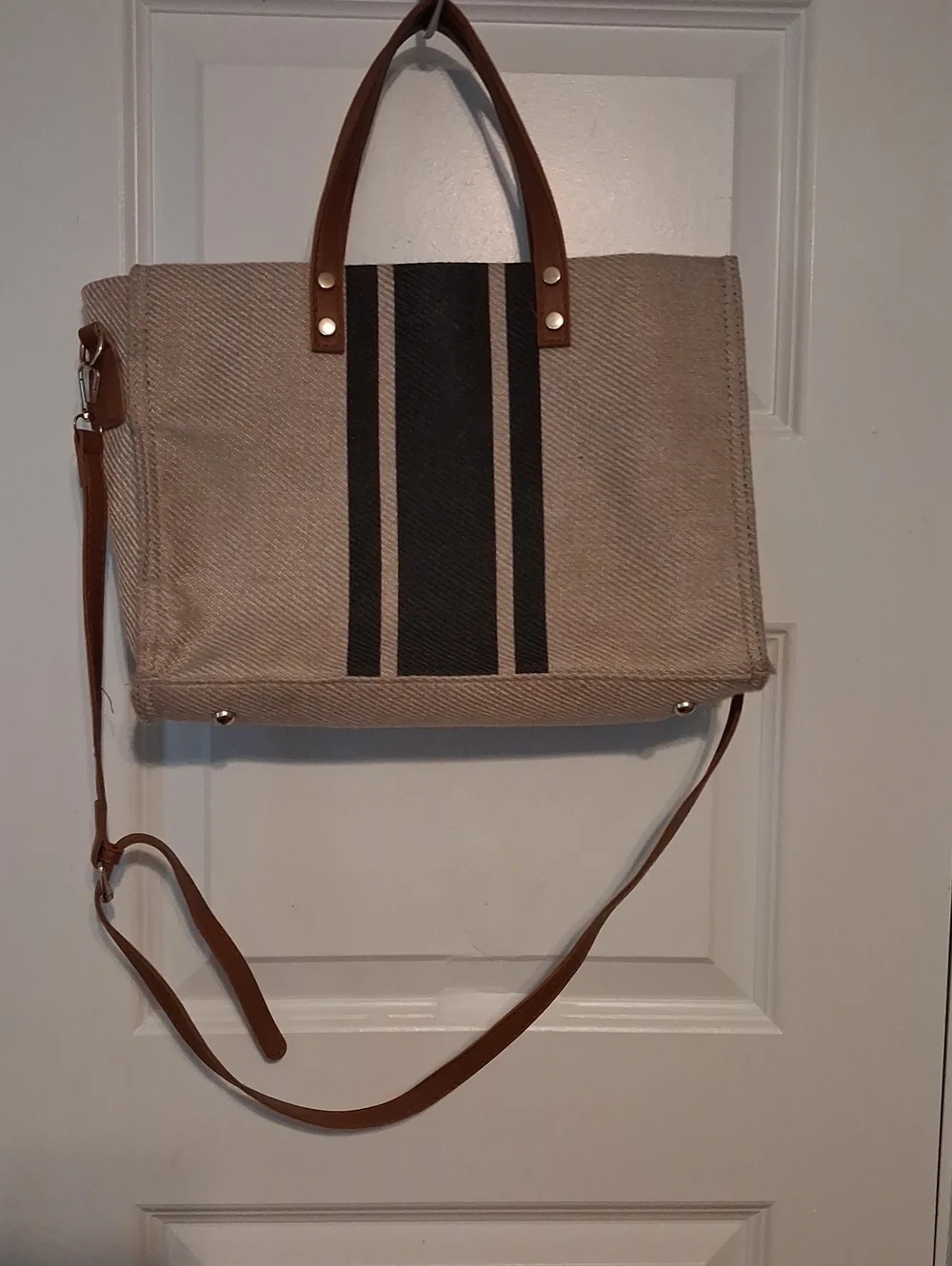 Canvas Tote Messenger Bag with Brown Trim and Black Stripe